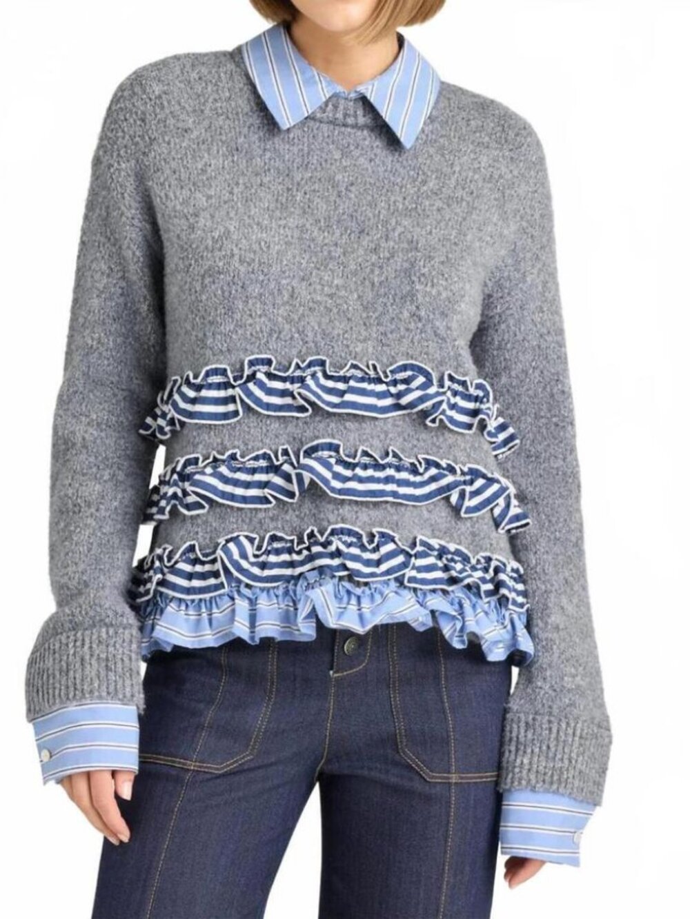 Womens Cinq a Sept Leina Grey Blue (Item- 432) Mix Media Ruffle Trim Sweater L